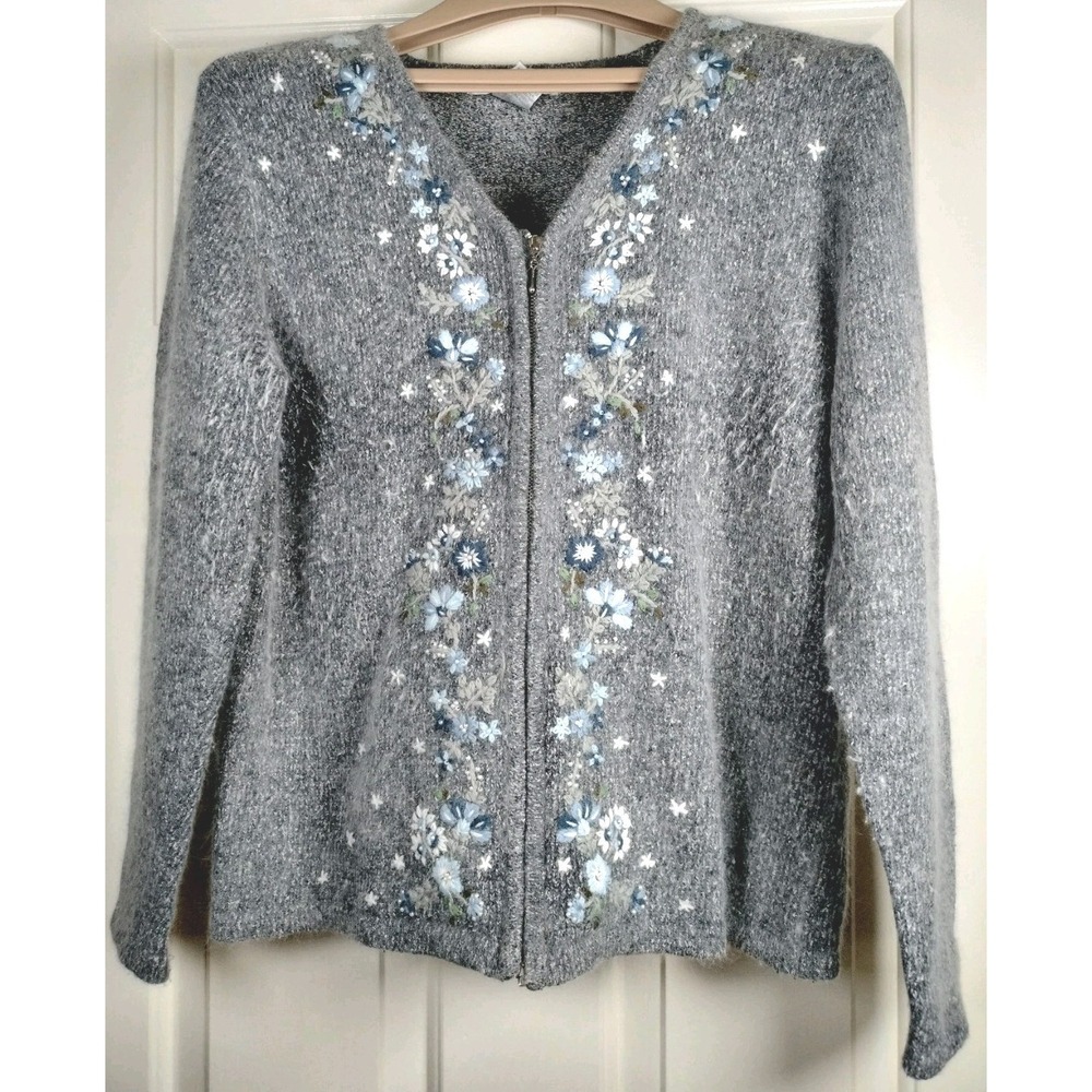 Dressbarn Gray Silk Blend Floral Embroidered Zip Cardigan Sweater Women's Medium